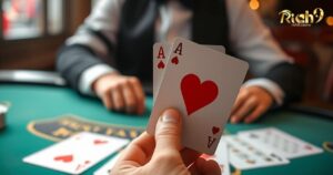 a hand holding a two card of aces infront of a blackjack dealer