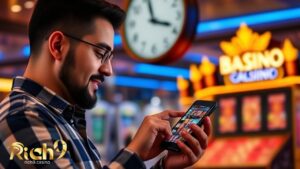 a man playing online casino games on mobile phone with a clock above his head