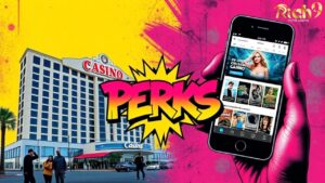 a casino hotel and a phone showing a online casino site with a PERKS word between the 2 images