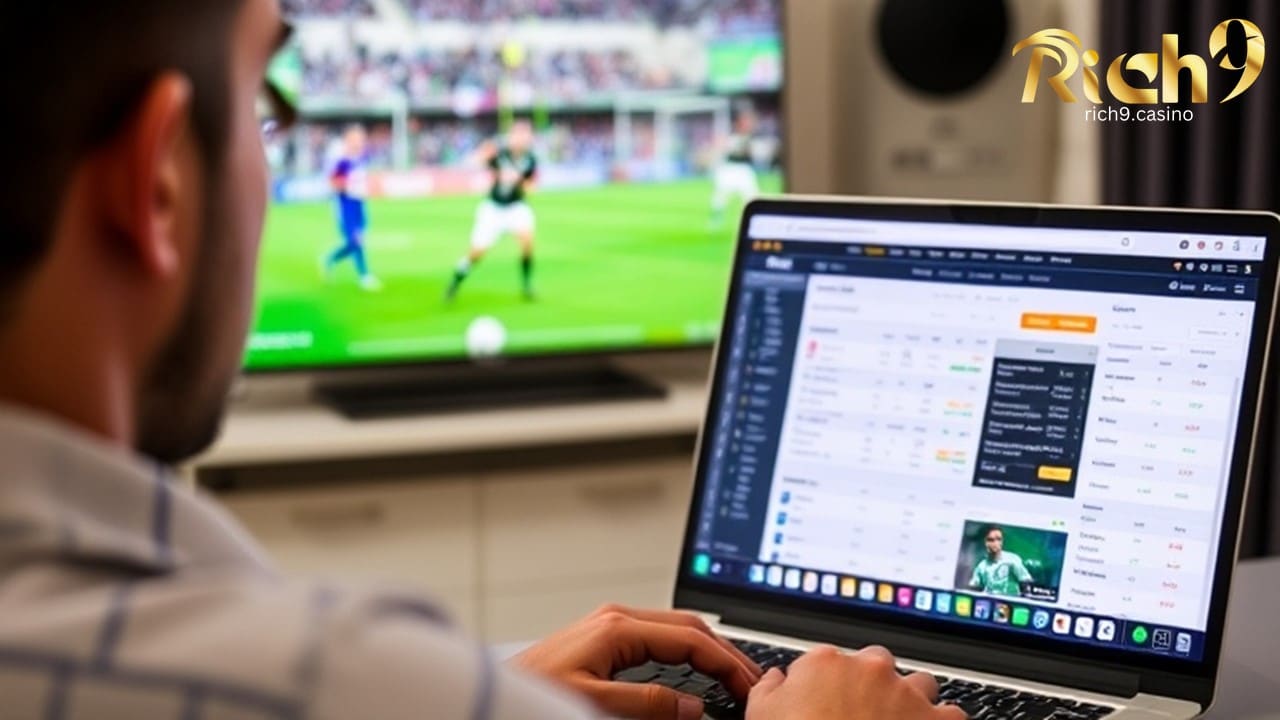 a man in front of a laptop that displays sports betting websites, while watching sports on television.